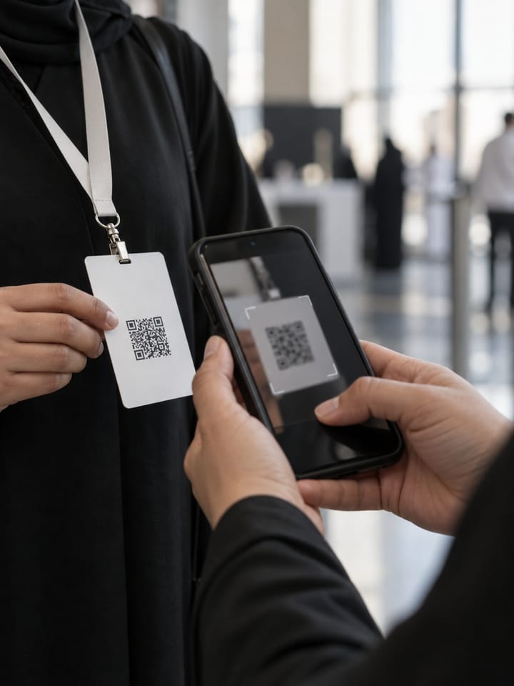 هاتف يقرأ رمزًا على بطاقة ضيف عند المدخل